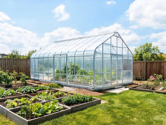 Palram greenhouse kit in a backyard garden