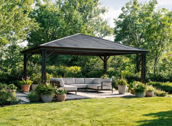 Gazebo seating area in a garden