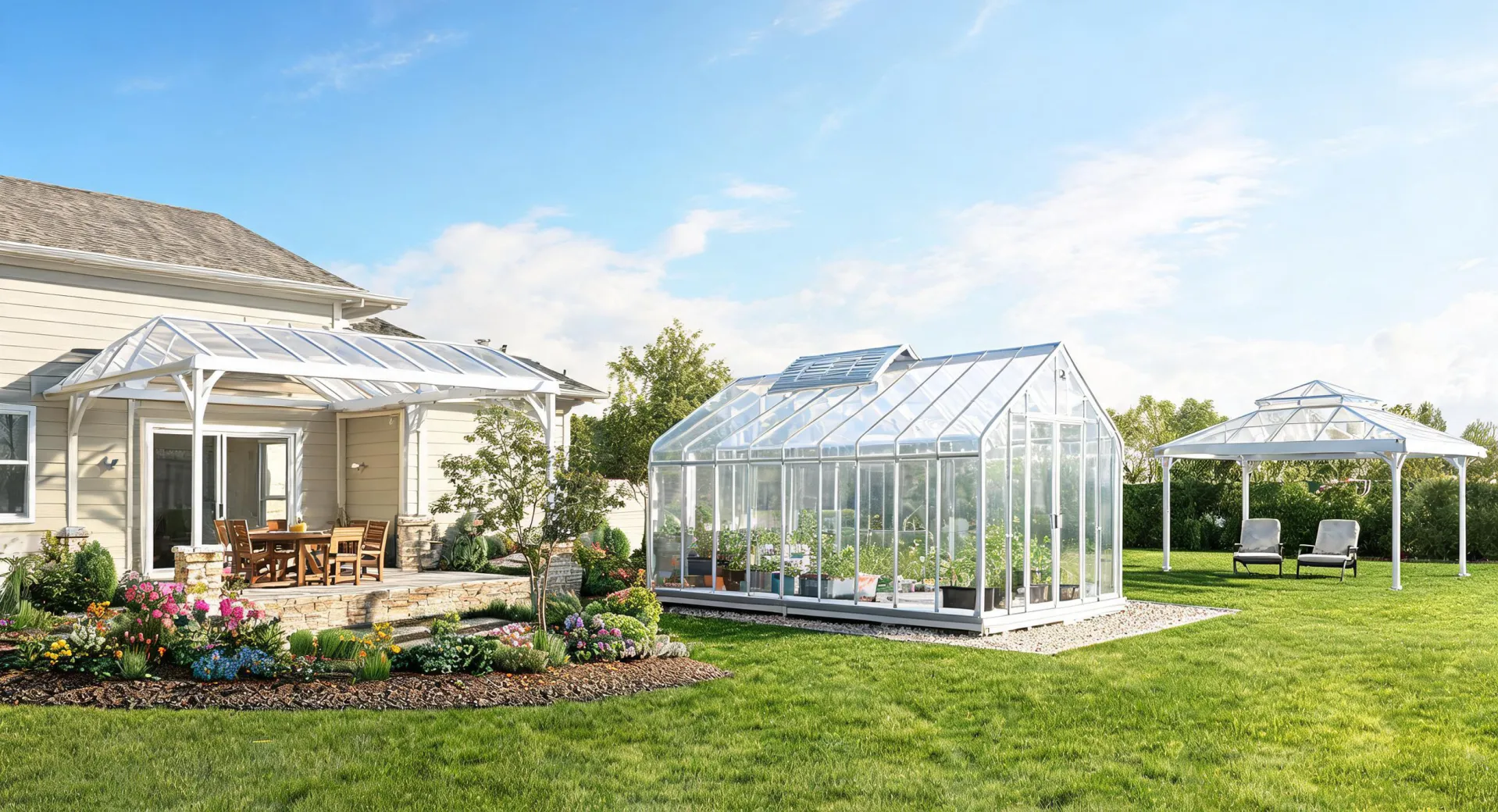 Palram greenhouse, patio cover and gazebo set in a landscaped backyard
