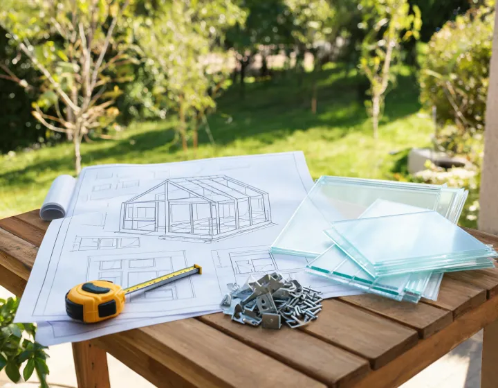Outdoor structure planning table with greenhouse drawings and panel samples